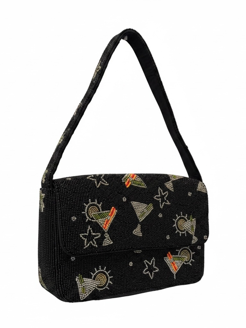 Black Beaded Cocktail Martini Motif Shoulder Bag